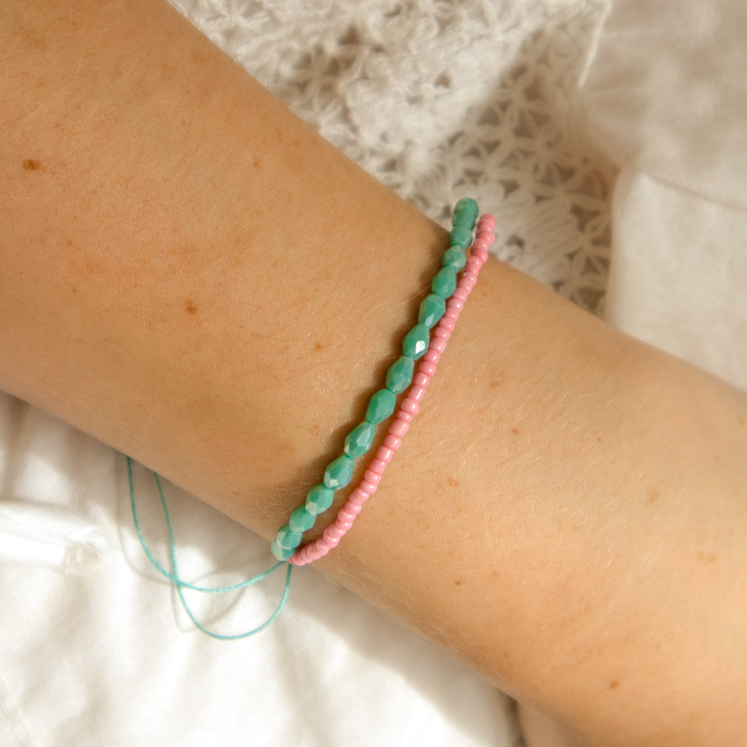 Pink and Green Seed Bead 2-strand Adjustable Bracelet