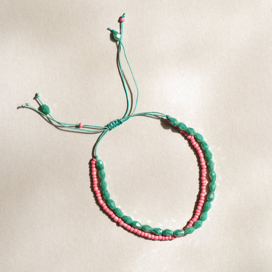 Pink and Green Seed Bead 2-strand Adjustable Bracelet