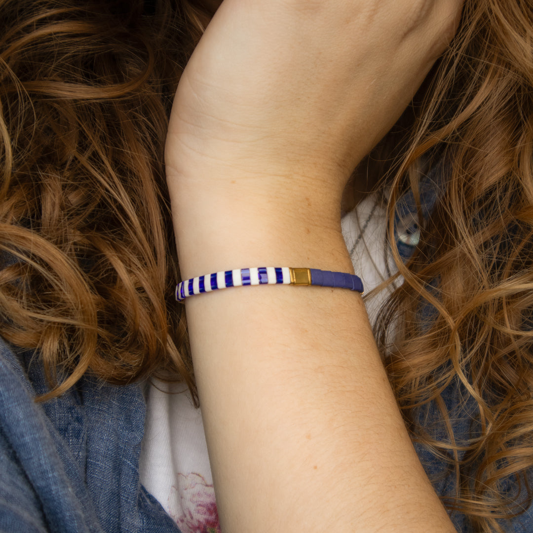 Blue and White Enamel Tile Stretch Bracelet