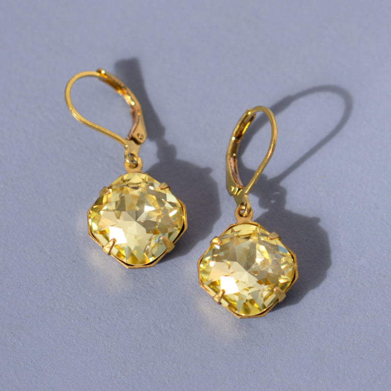 Pastel Yellow Large Square Crystal Earrings