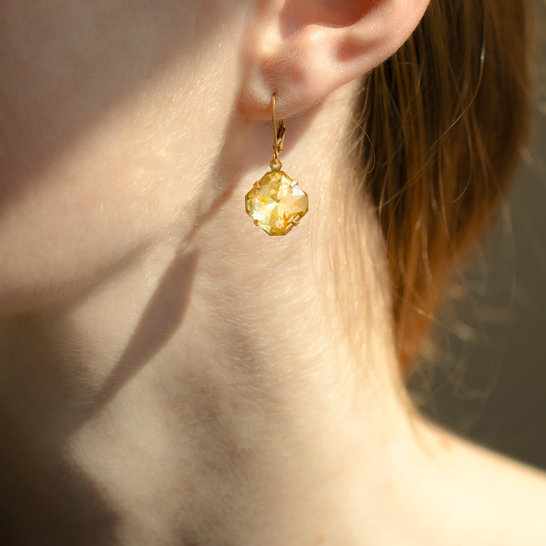 Pastel Yellow Large Square Crystal Earrings