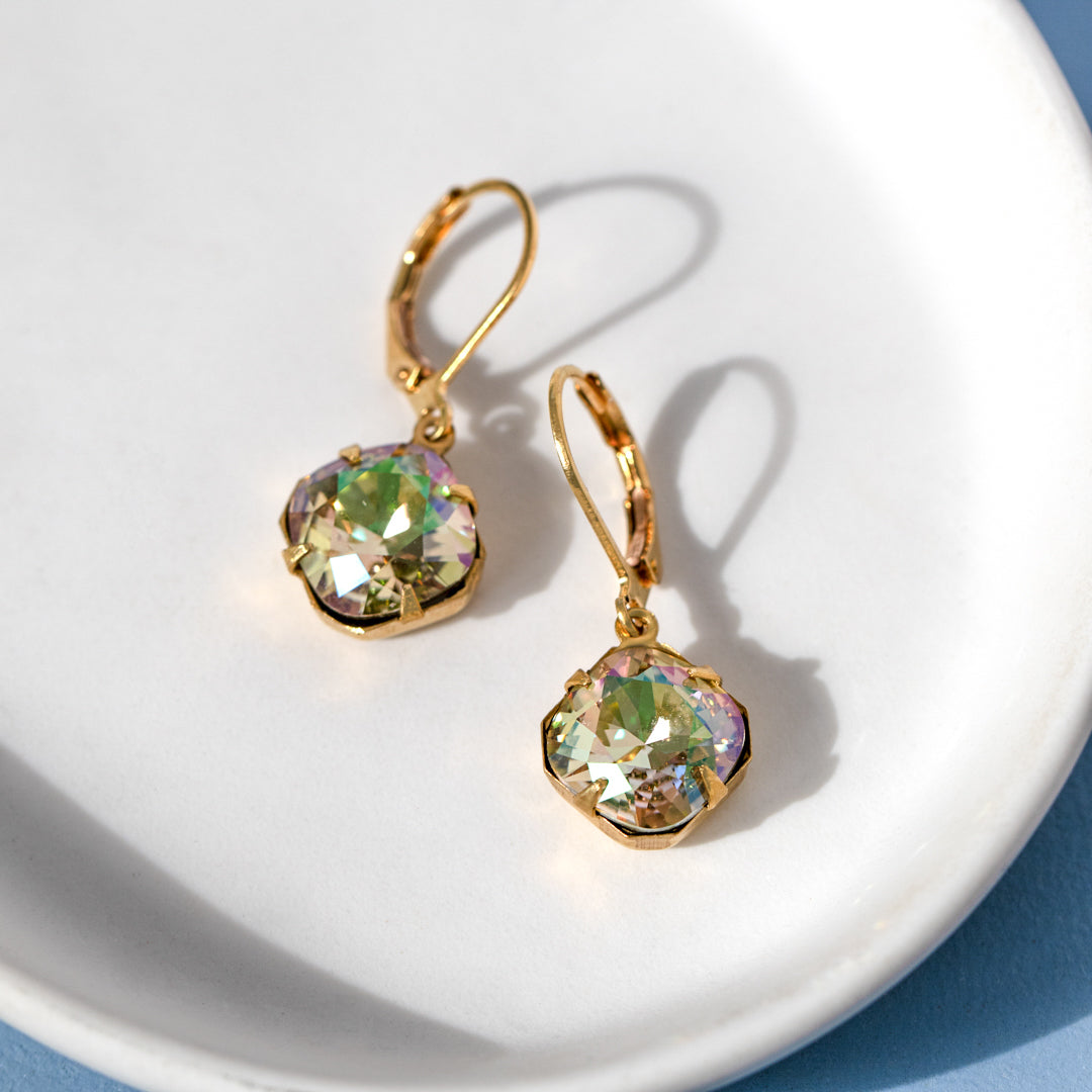 Iridescent Green Square Earrings Made With Swarovski Crystals