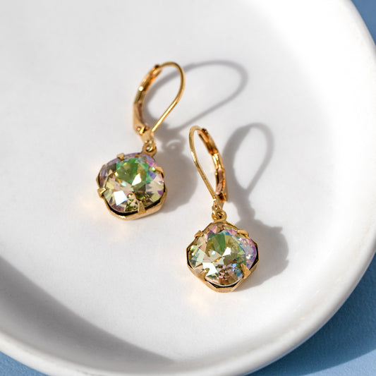Iridescent Green Square Earrings Made With Swarovski Crystals