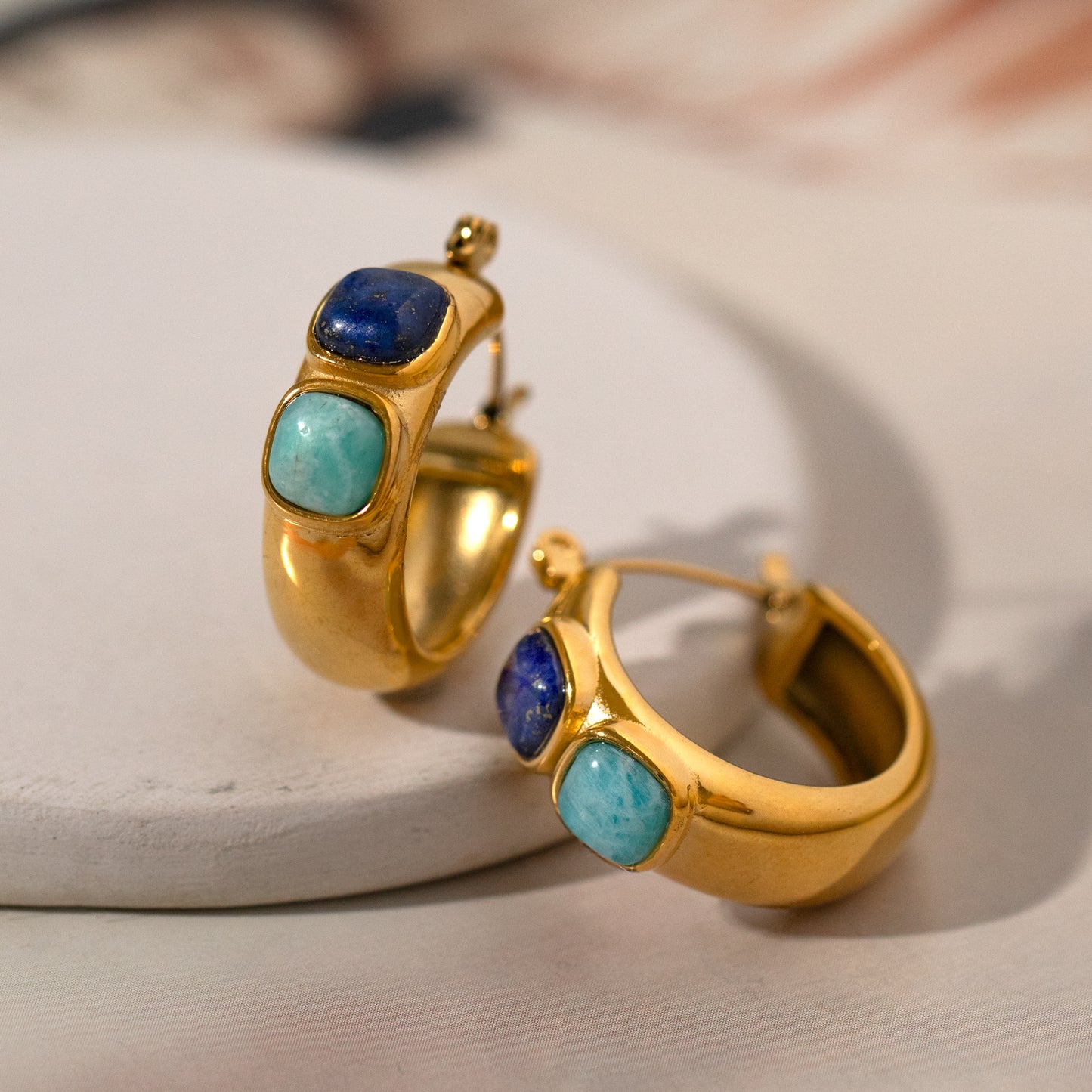 Non Tarnish Lapis Lazuli And Turquoise Hoop Earrings