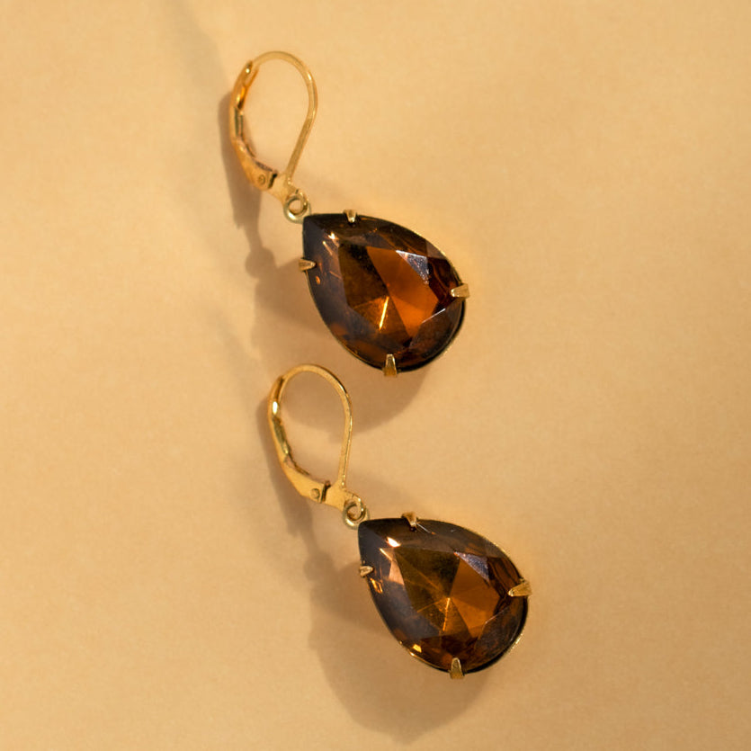Large Dark Topaz Teardrop Rhinestone Drop Earrings