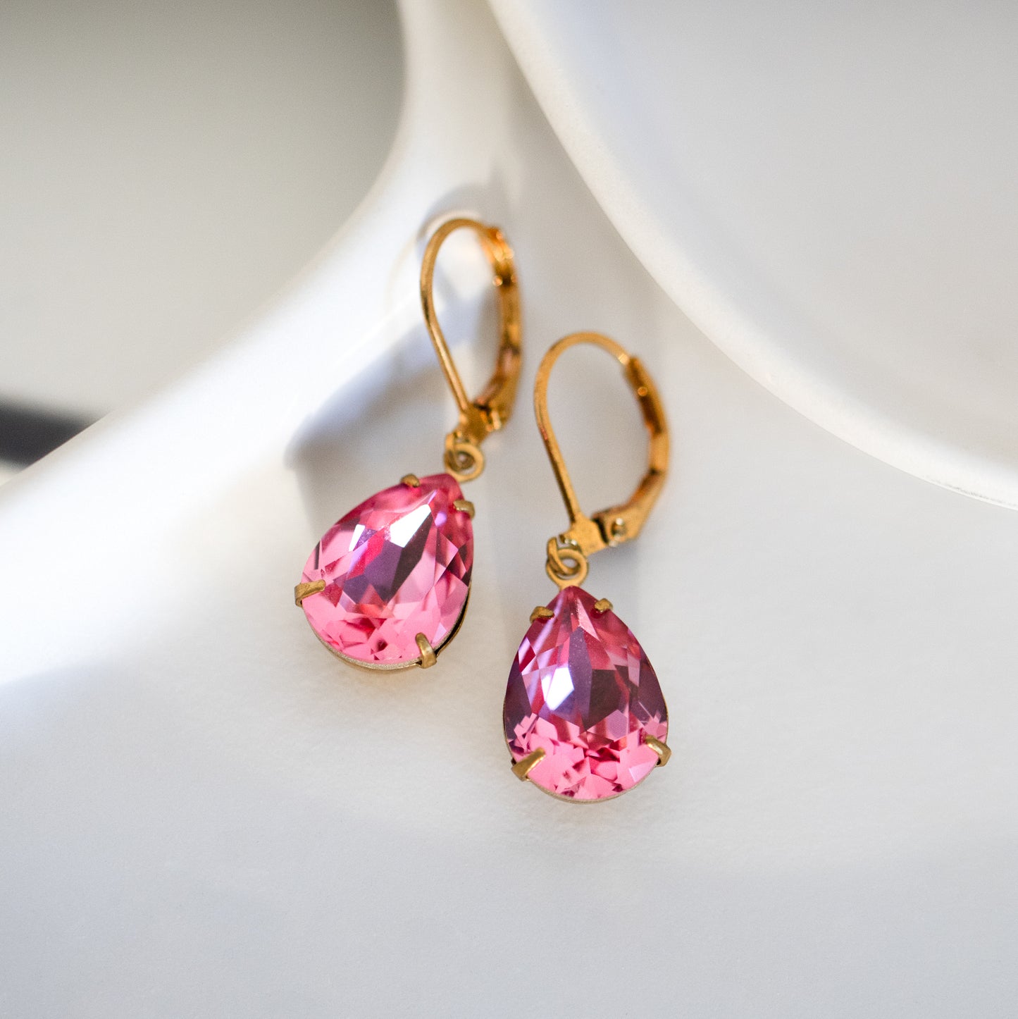 Pink Teardrop Earrings with Swarovski Crystals