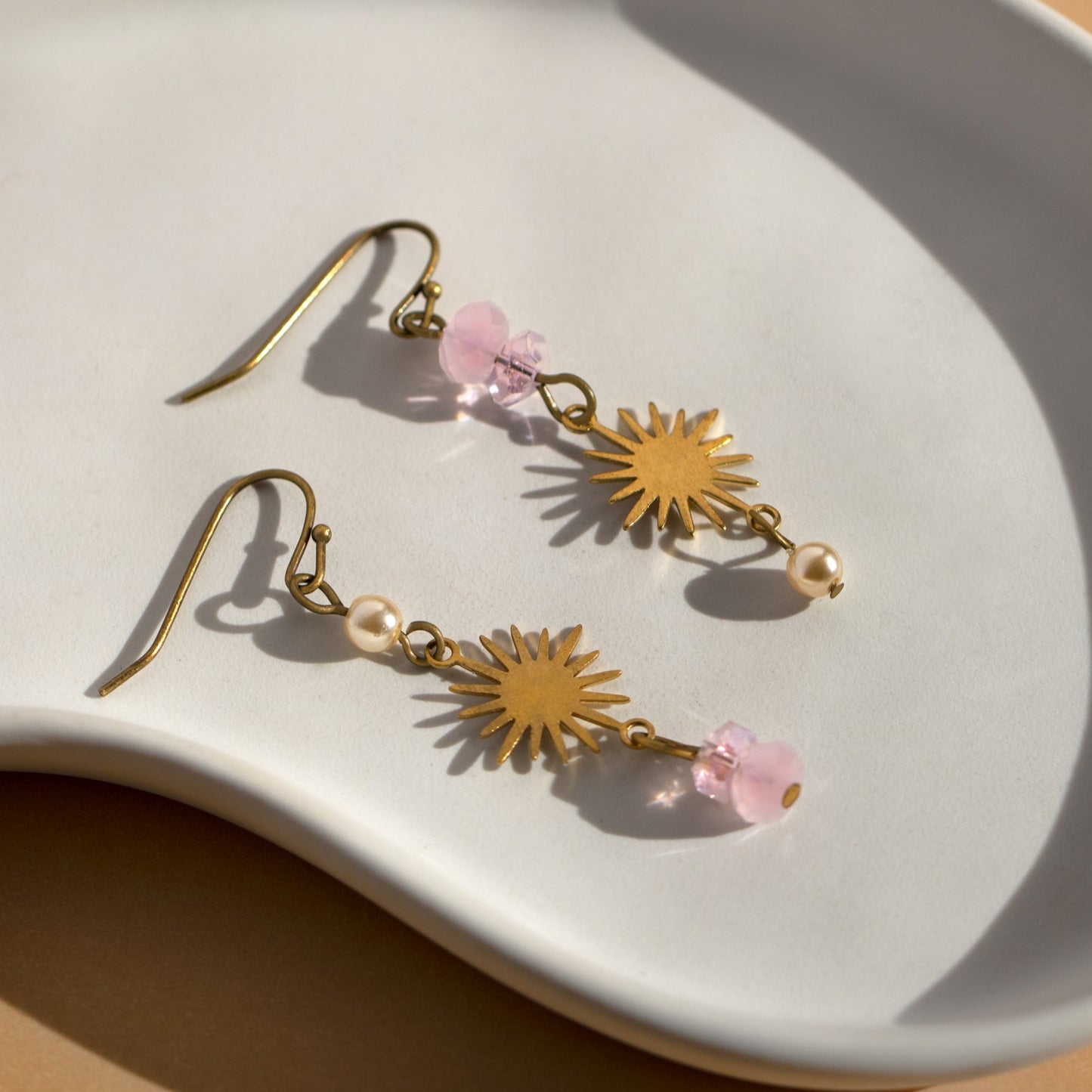 Golden Sun And Pink Bead Earrings