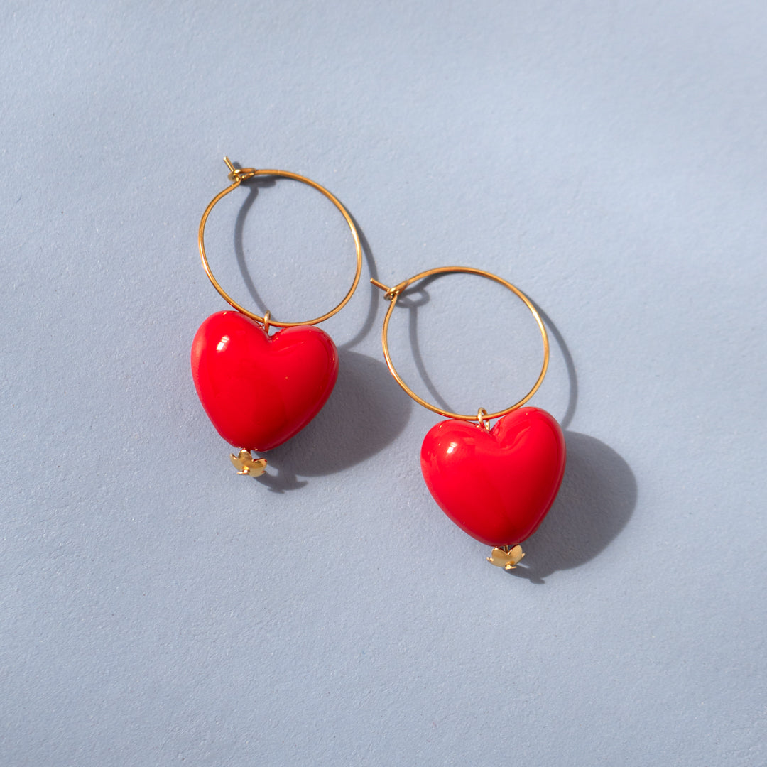 Statement Red Heart Charm Hoop Earrings