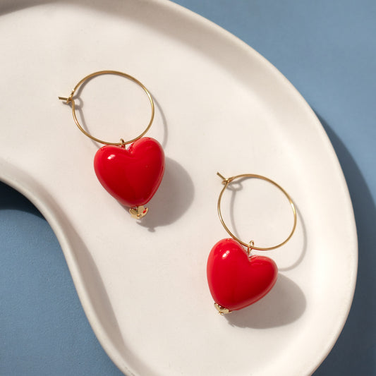 Statement Red Heart Charm Hoop Earrings