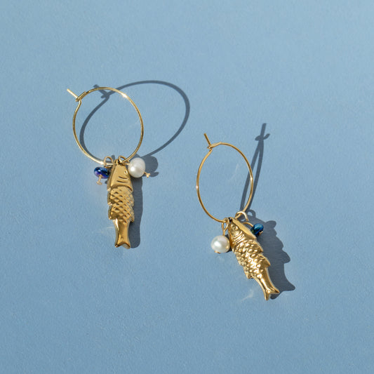 Golden Fish And Pearl Charm Hoop Earrings