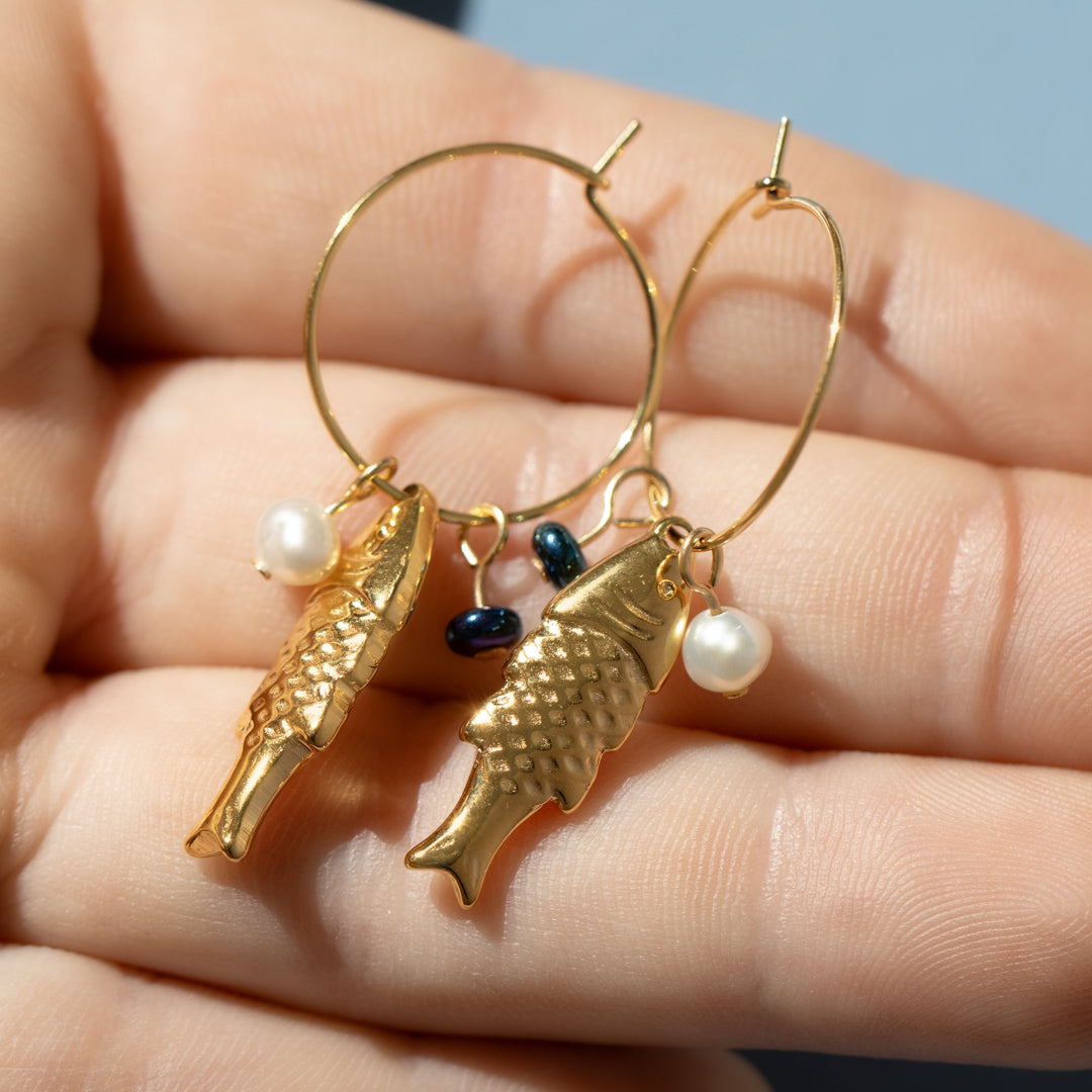 Golden Fish And Pearl Charm Hoop Earrings