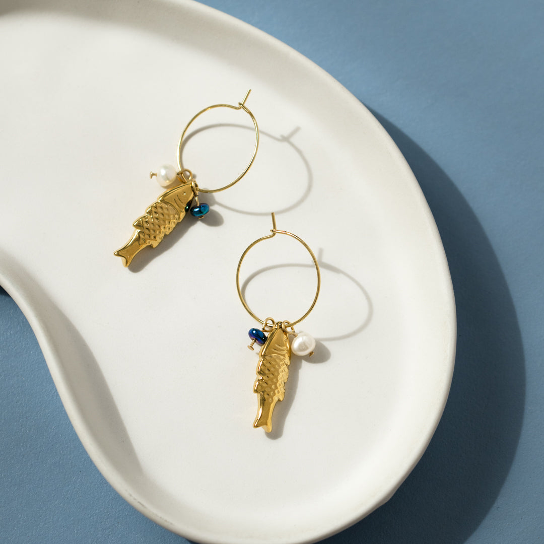 Golden Fish And Pearl Charm Hoop Earrings