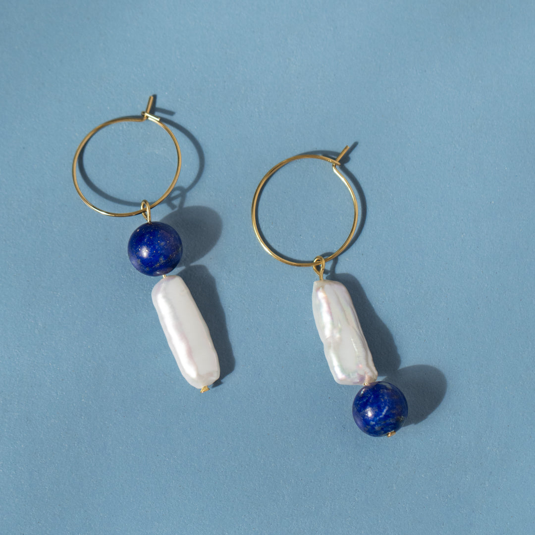 Sculptural Lapis Lazuli And Keshi Pearl Hoop Earrings