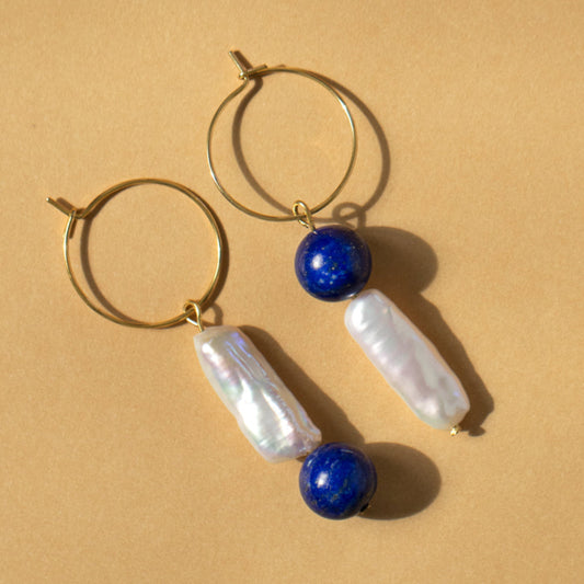 Sculptural Lapis Lazuli And Keshi Pearl Hoop Earrings