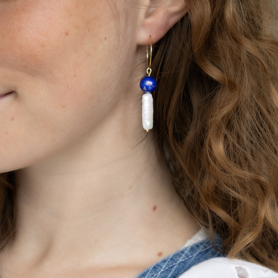 Sculptural Lapis Lazuli And Keshi Pearl Hoop Earrings