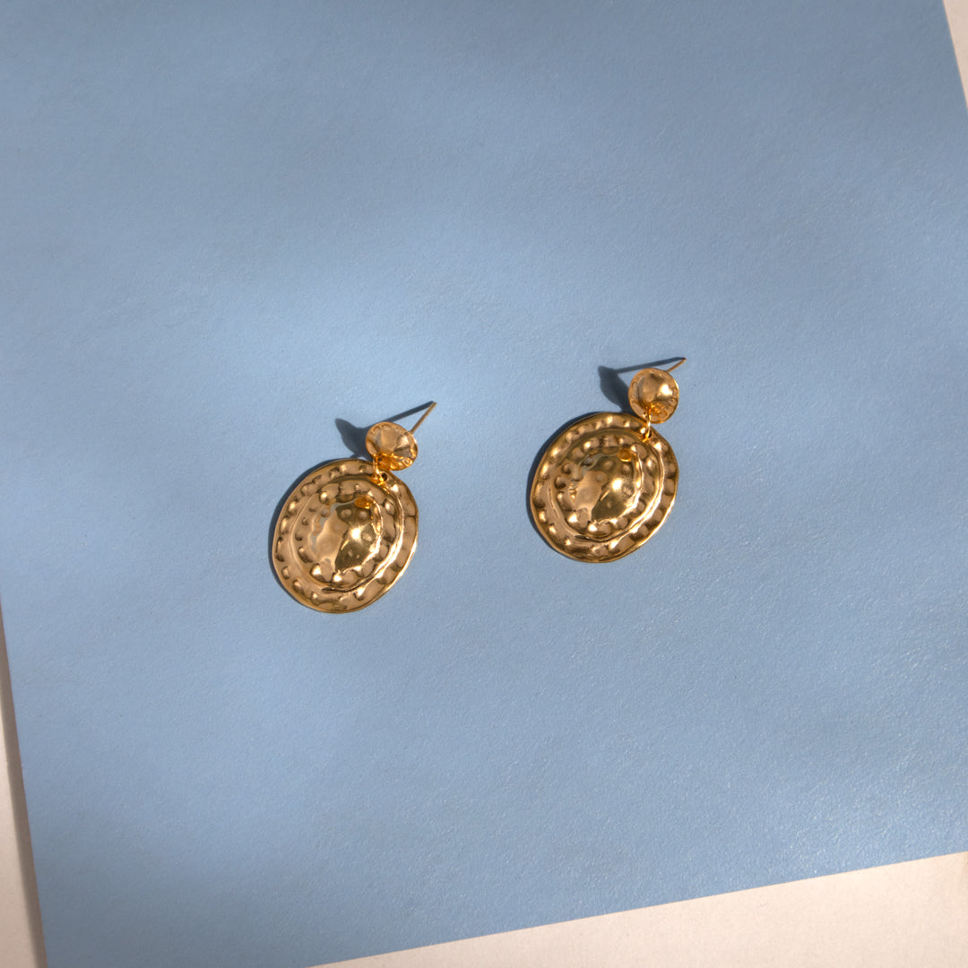 Statement Hammered Disc Earrings Gold Plated