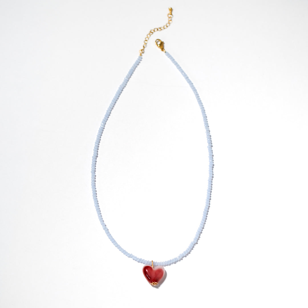Delicate Blue Bead And Pink Heart Necklace