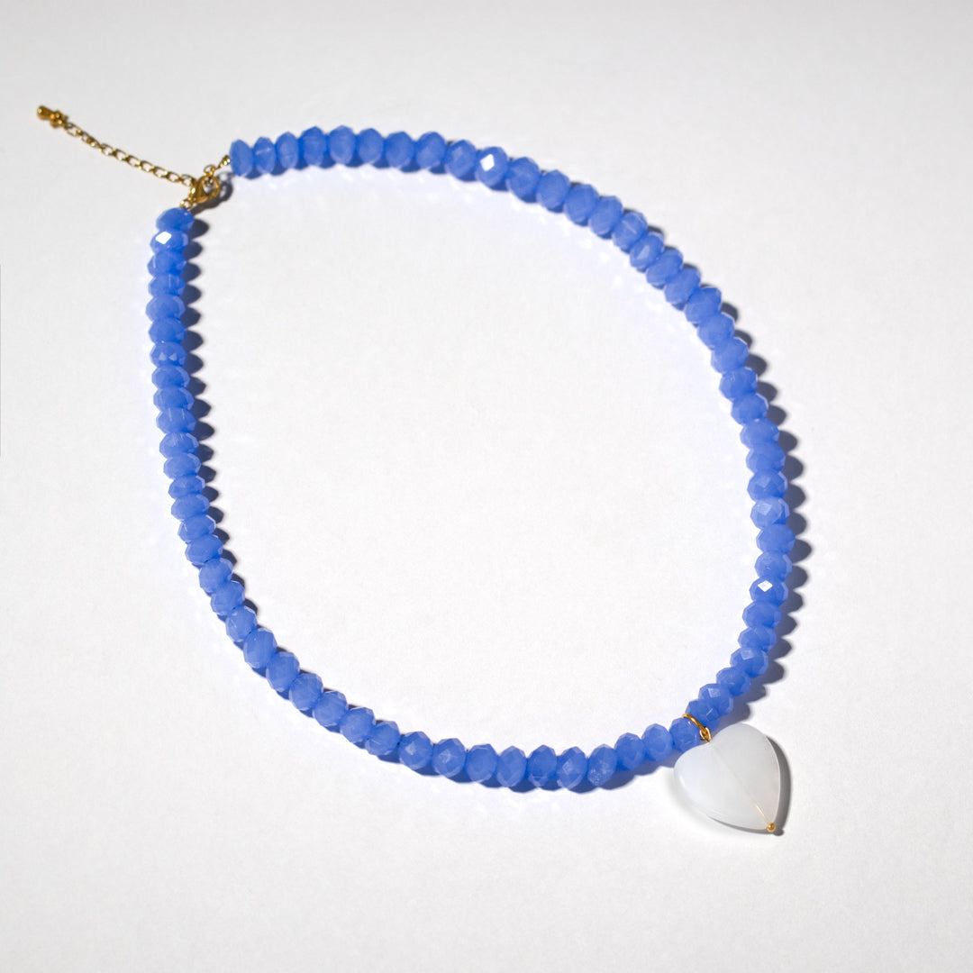 Cornflower Blue Bead And White Heart Necklace