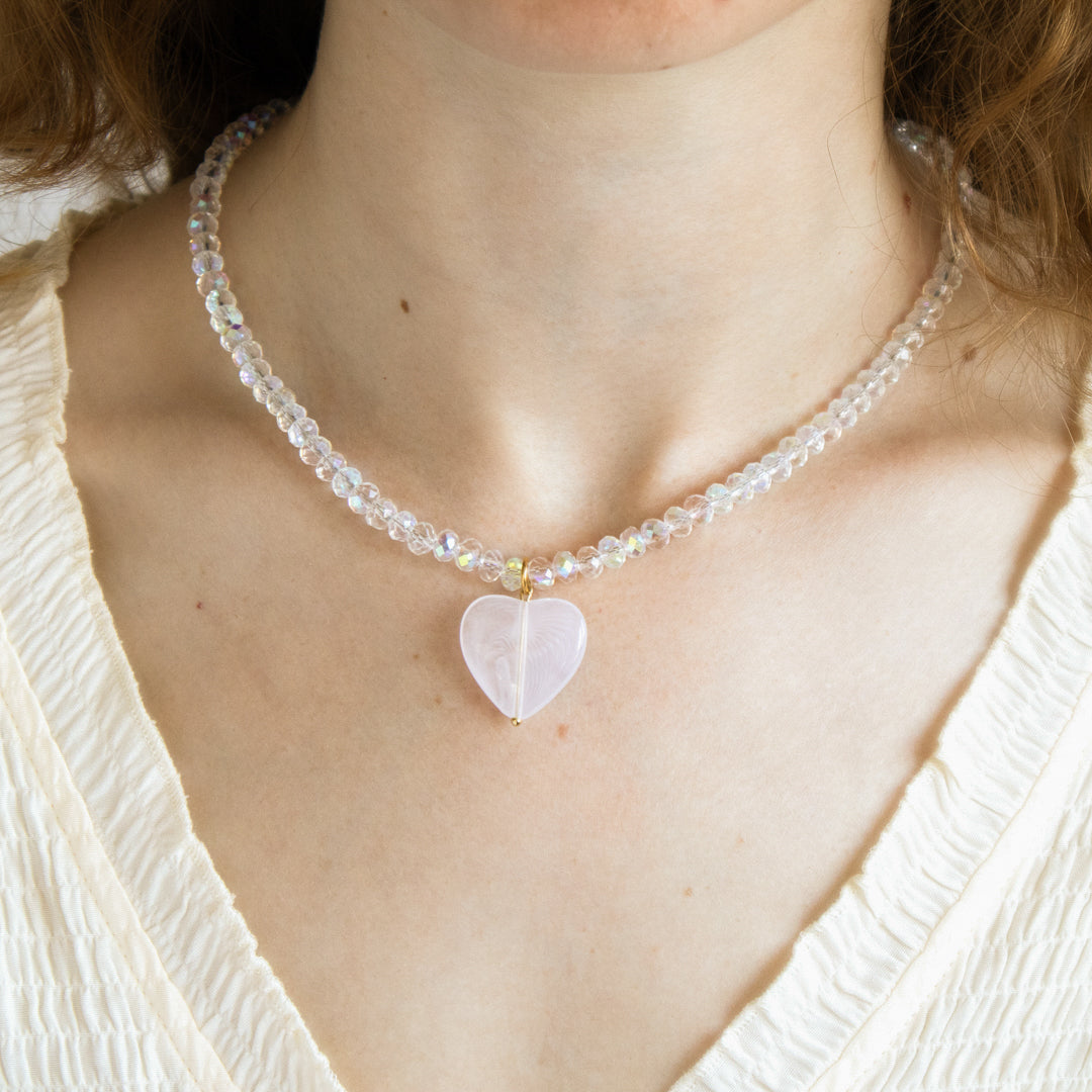 Sparkly Clear Bead And Heart Necklace