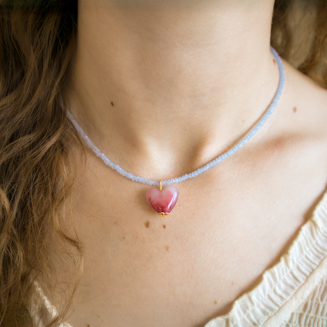 Delicate Blue Bead And Pink Heart Necklace