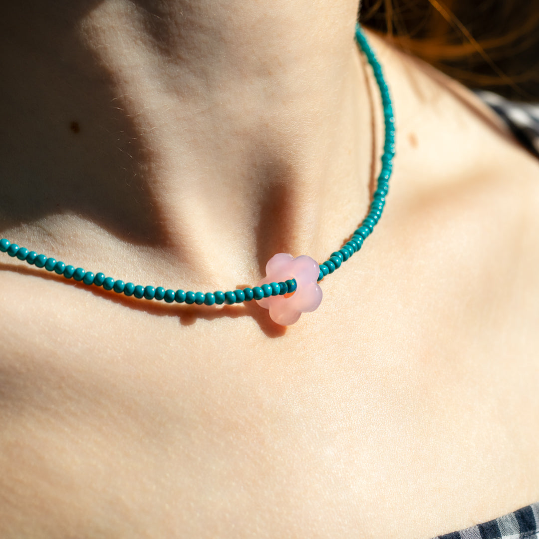 Turquoise Bead and Rose Quartz Flower Necklace