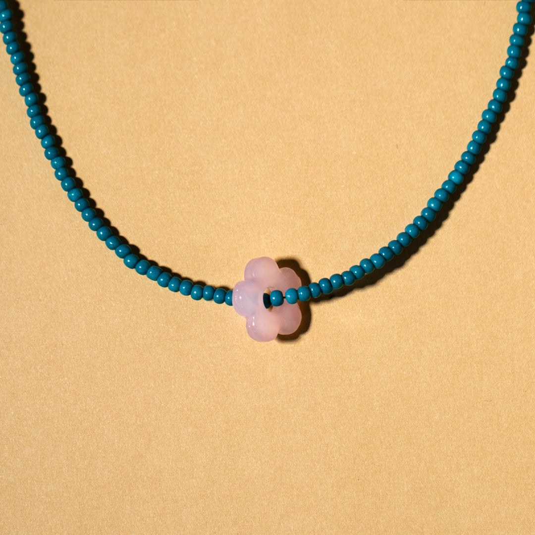 Turquoise Bead and Rose Quartz Flower Necklace