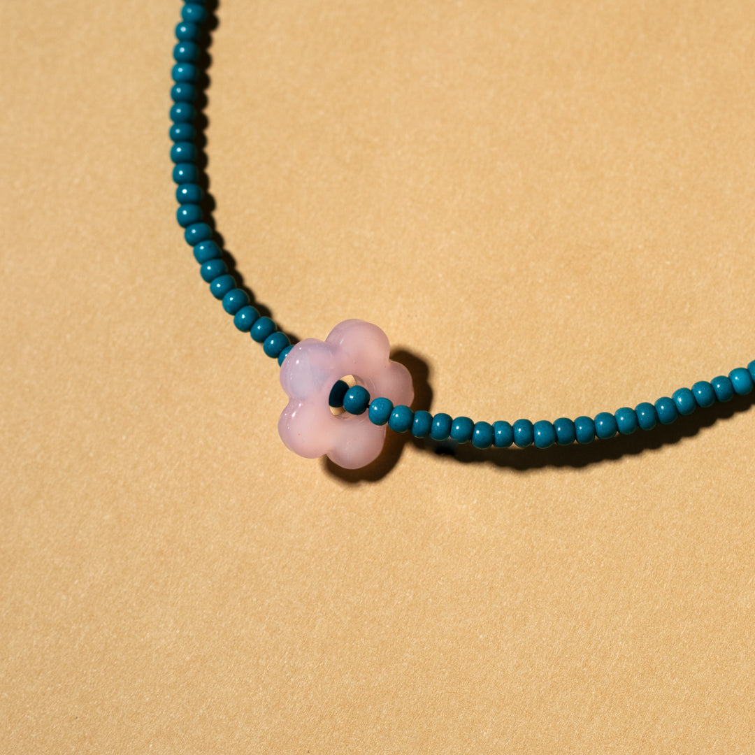 Turquoise Bead and Rose Quartz Flower Necklace