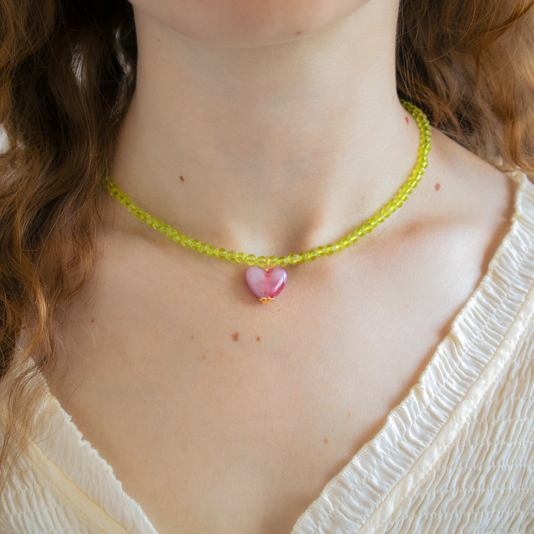Pistachio and Raspberry Heart Gelato Necklace