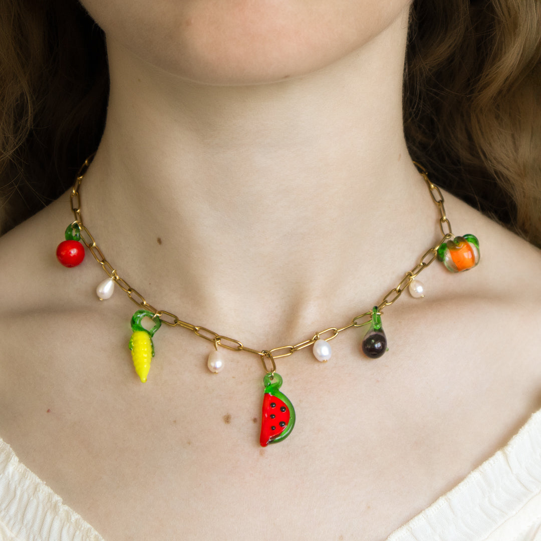 Fruit And Pearl Charm Necklace