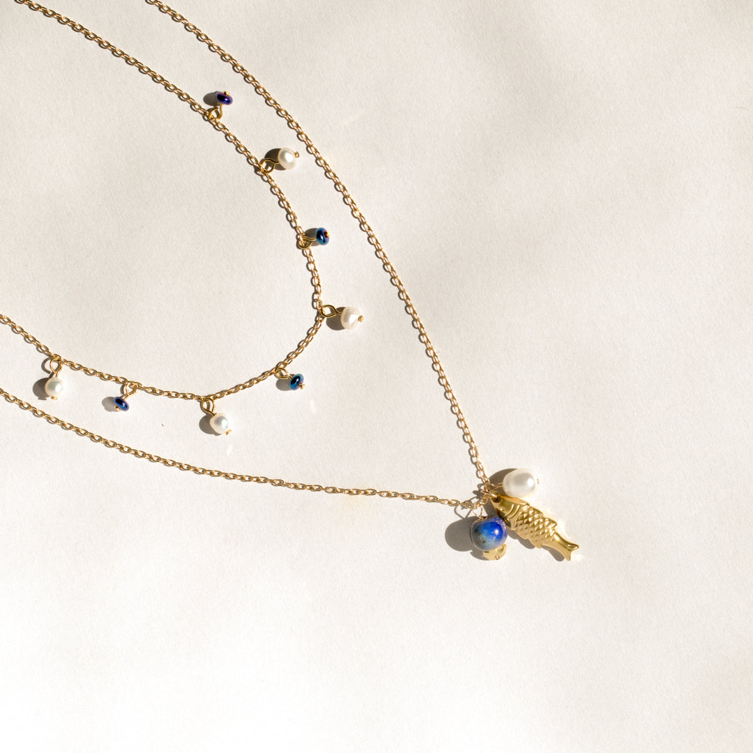 Gold Fish and Pearl Necklace Set of 2