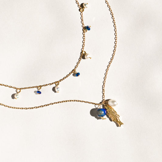 Gold Fish and Pearl Necklace Set of 2