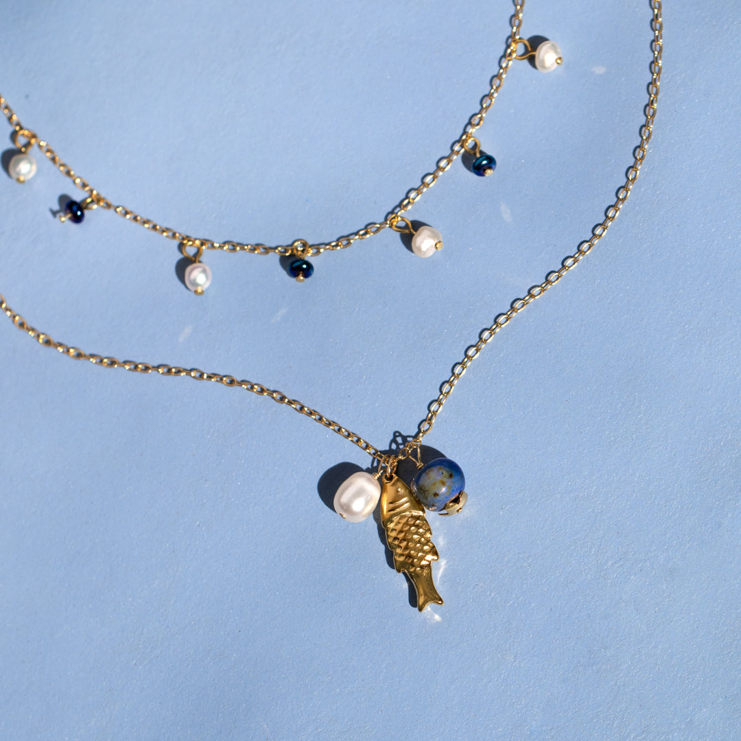 Gold Fish and Pearl Necklace Set of 2