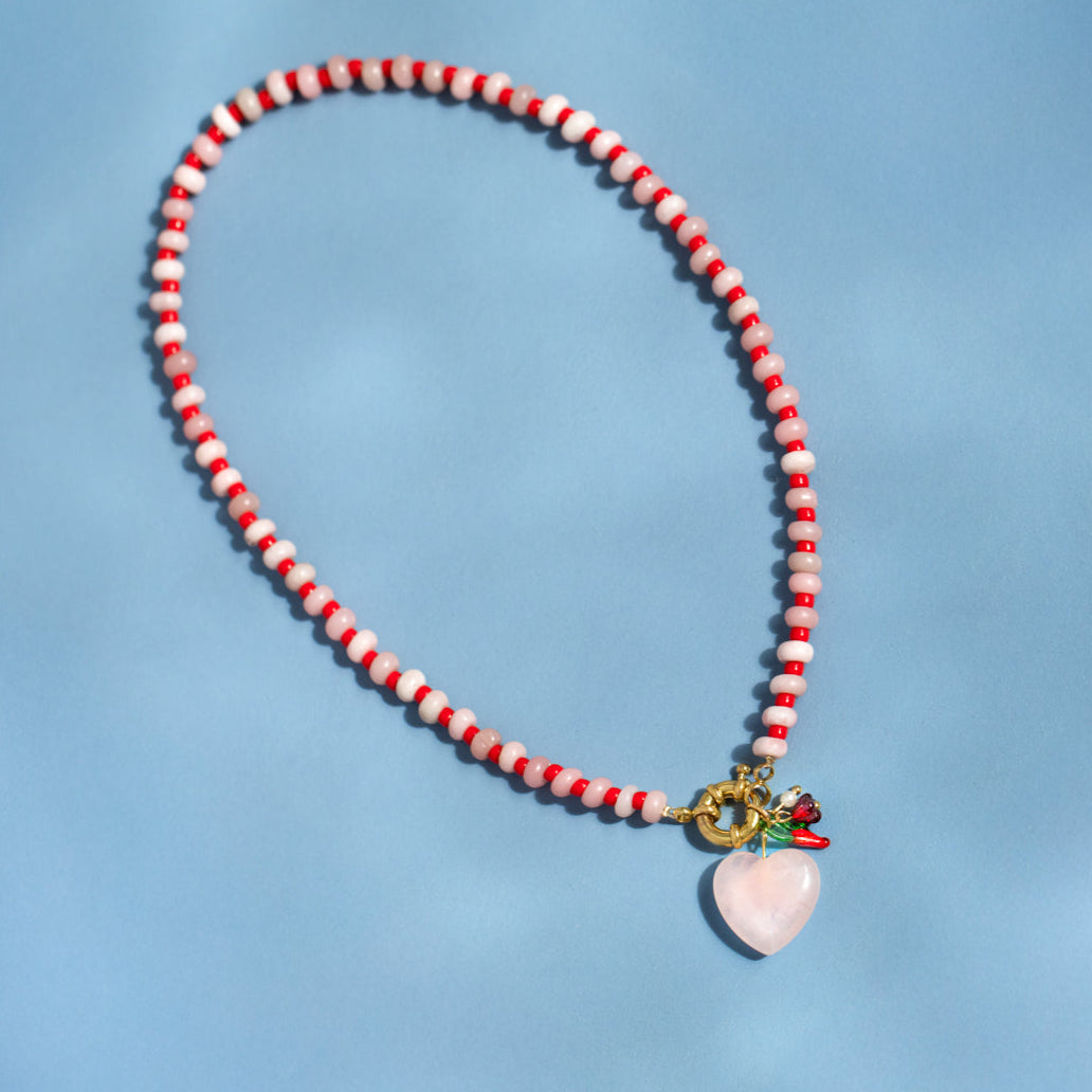 Gemstone Rose Quartz Heart Gingham Necklace