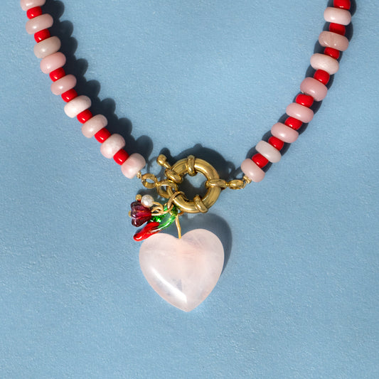 Gemstone Rose Quartz Heart Gingham Necklace