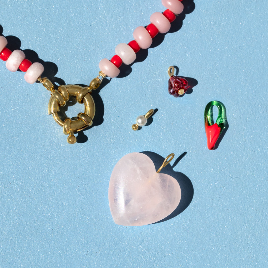 Gemstone Rose Quartz Heart Gingham Necklace