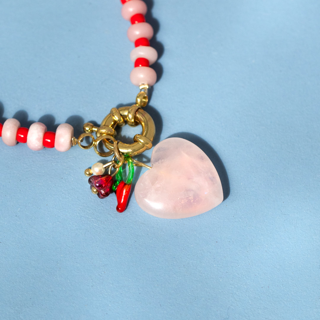 Gemstone Rose Quartz Heart Gingham Necklace