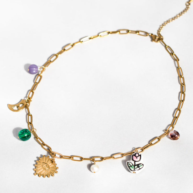 Gold Heart And Ceramic Charm Necklace