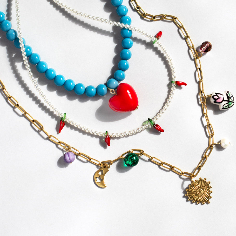 Gold Heart And Ceramic Charm Necklace