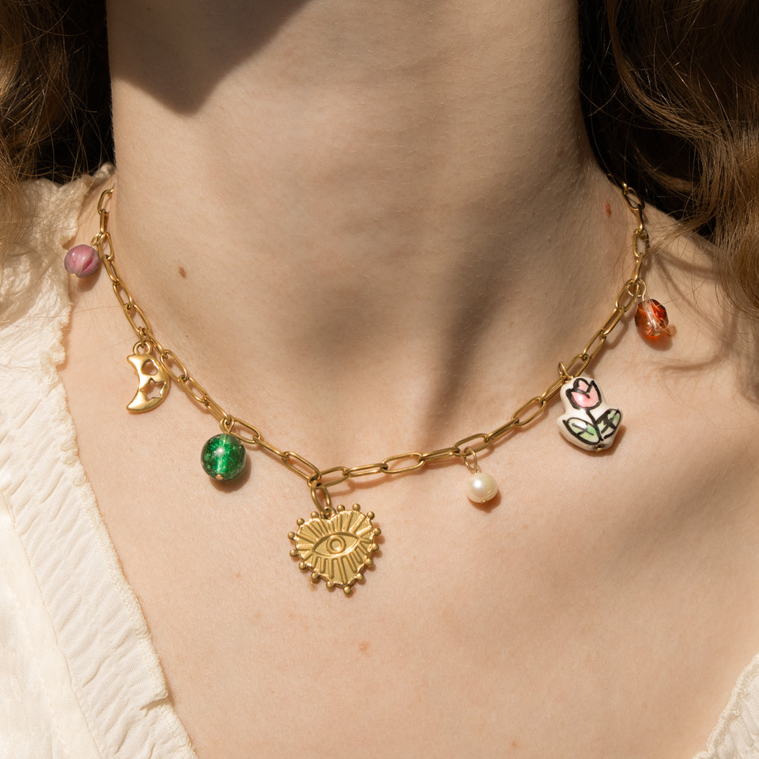 Gold Heart And Ceramic Charm Necklace
