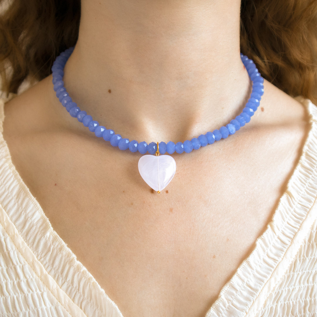 Cornflower Blue Bead And White Heart Necklace