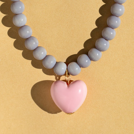 Pastel Purple Bead and Pink Heart Necklace