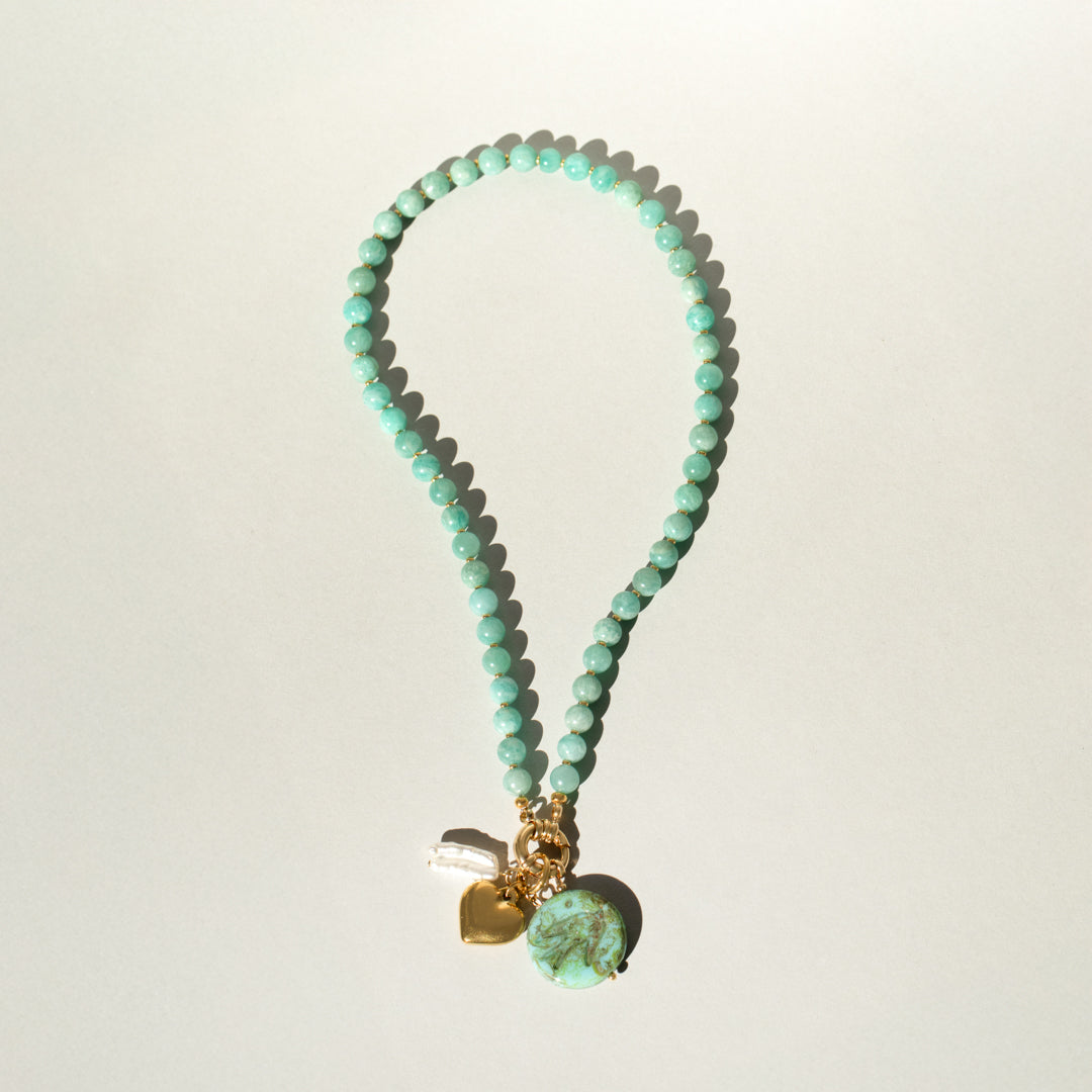Gemstone Bead Necklace With Gold Heart And Keshi Pearl
