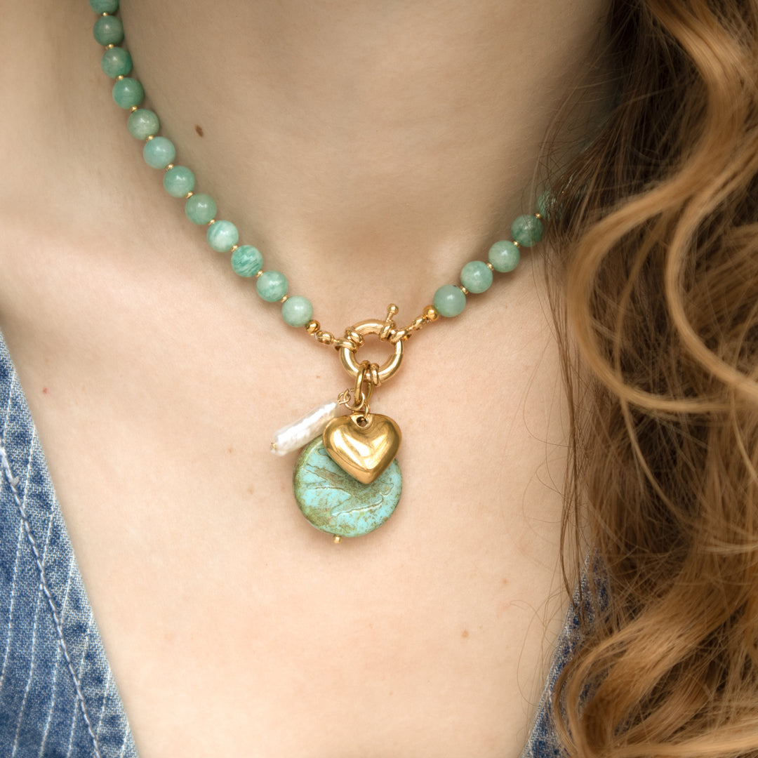 Gemstone Bead Necklace With Gold Heart And Keshi Pearl