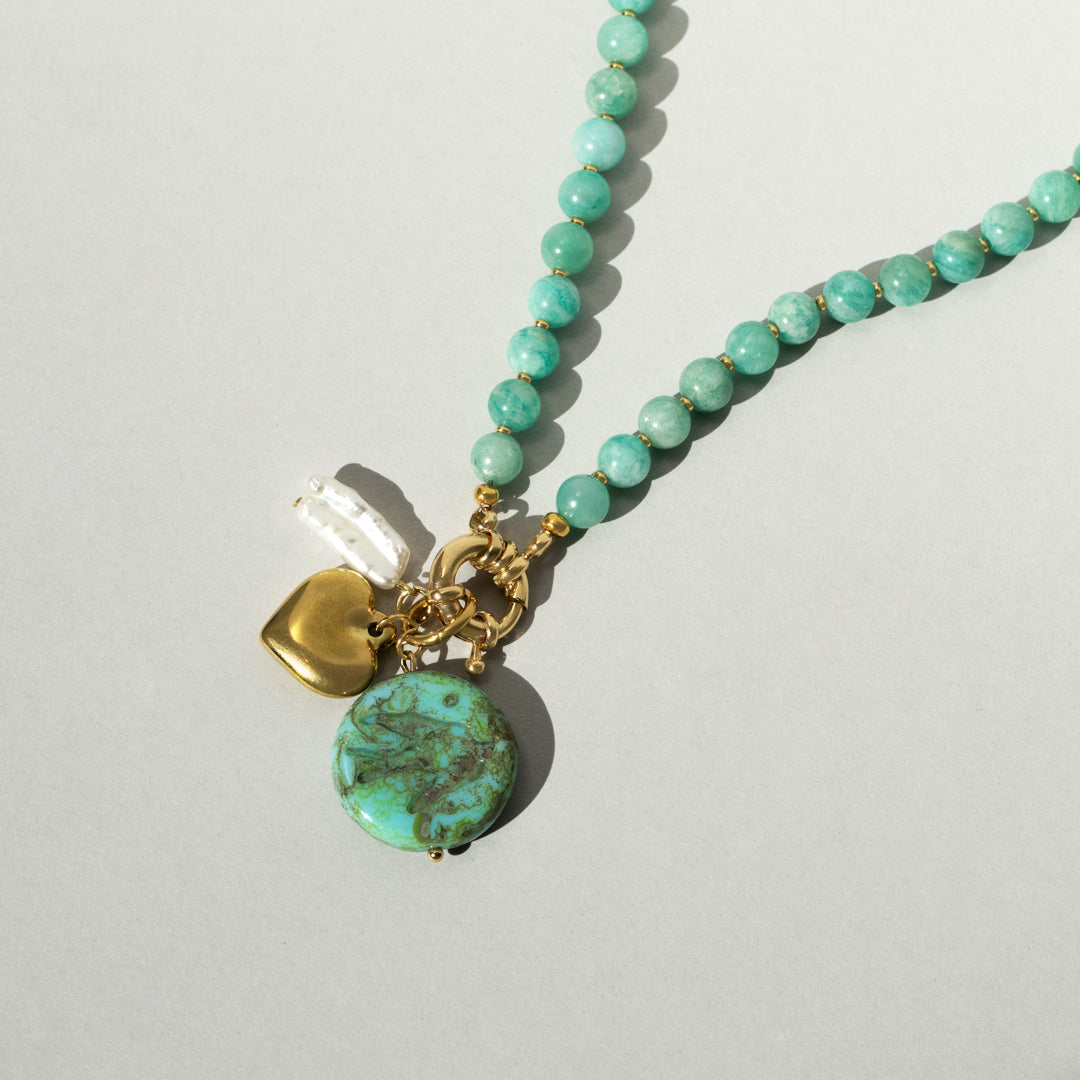 Gemstone Bead Necklace With Gold Heart And Keshi Pearl