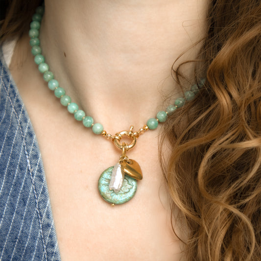 Gemstone Bead Necklace With Gold Heart And Keshi Pearl