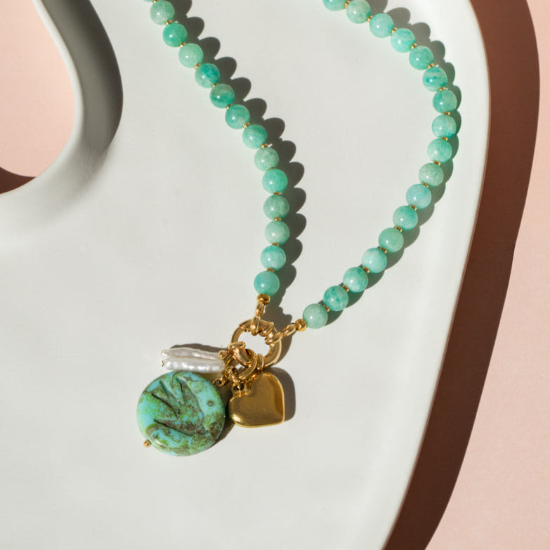 Gemstone Bead Necklace With Gold Heart And Keshi Pearl