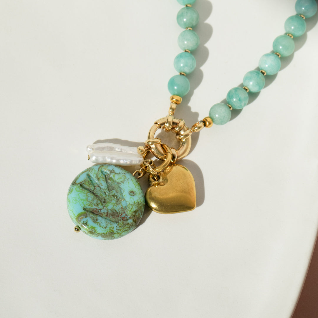 Gemstone Bead Necklace With Gold Heart And Keshi Pearl