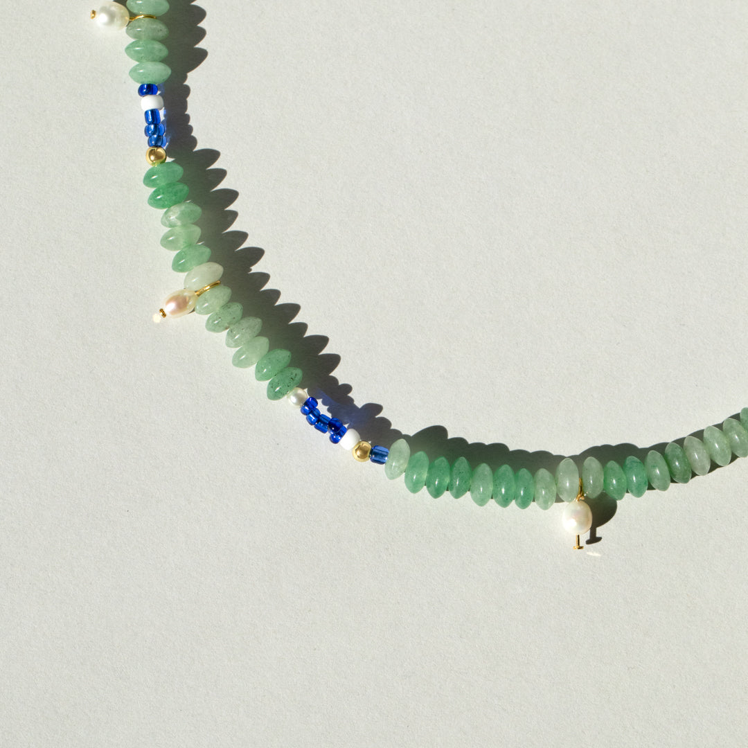 Green Gemstone Bead And Pearl Charms Necklace