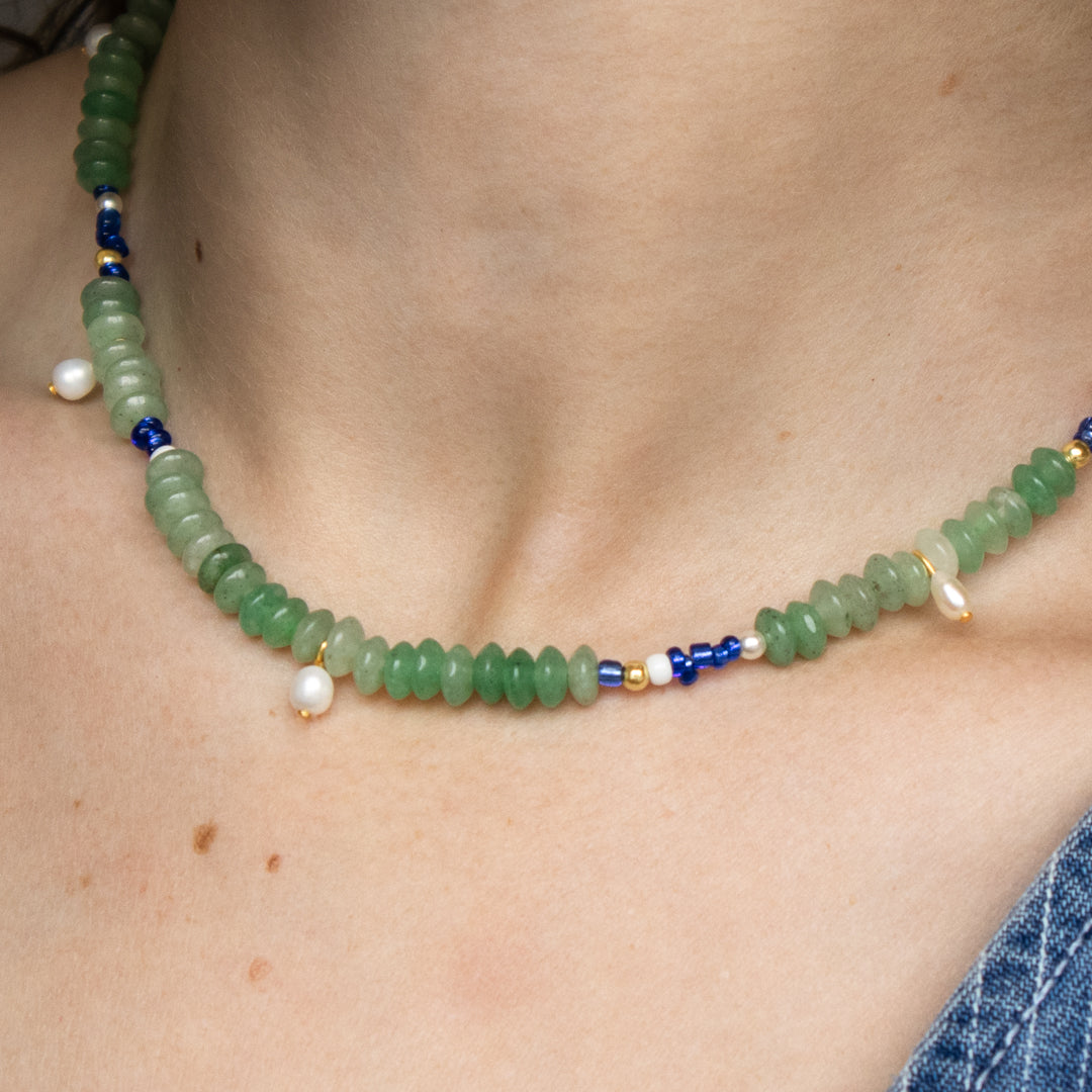 Green Gemstone Bead And Pearl Charms Necklace