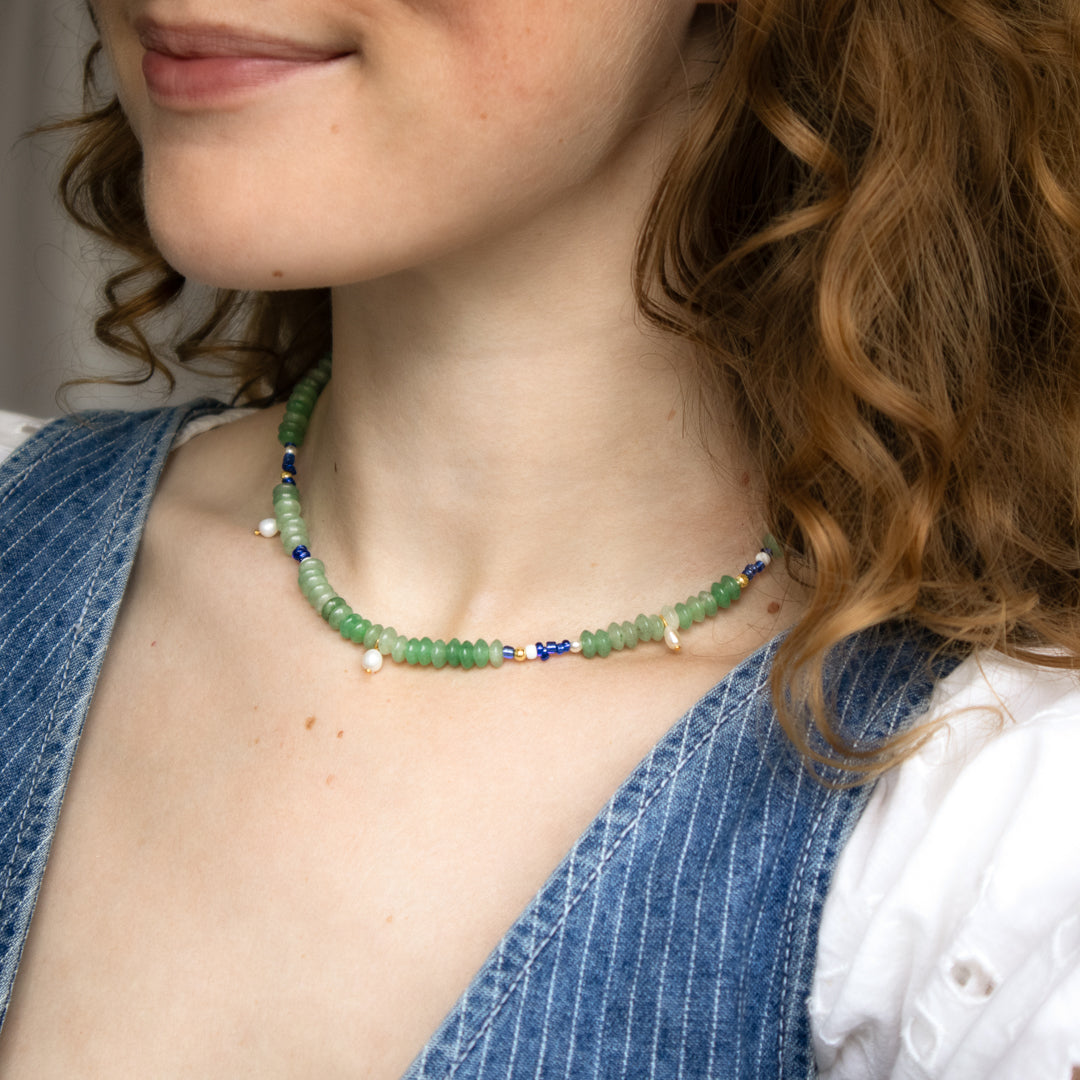 Green Gemstone Bead And Pearl Charms Necklace